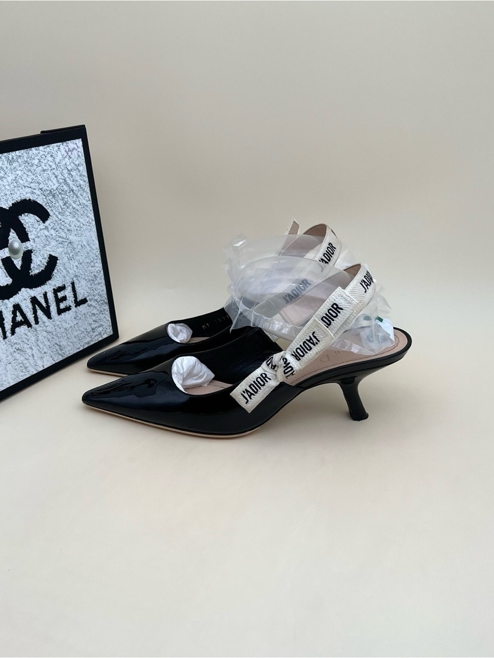 🚩steal Dior Black Patent Leather Pointed Slingback Heels with Branded Straps
